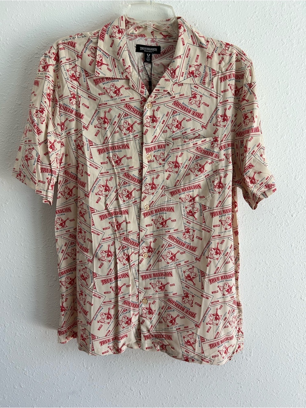 True Religion Button Up Shirt Men's Size S Beige Resort Print Resortwear Buddha